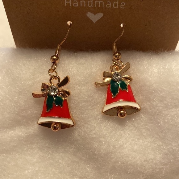 Christmas Bell Red Green  Dangle Earrings - Picture 1 of 5